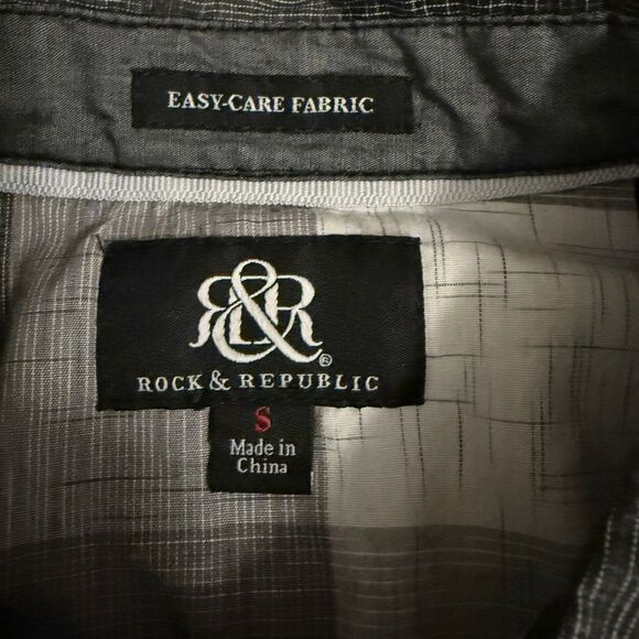 Rock & Republic Black White Buffalo Plaid Roll Tab Long Sleeve Shirt Mens Small - Picture 4 of 5